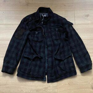 MARC EKCO. black plaid wool blend coat